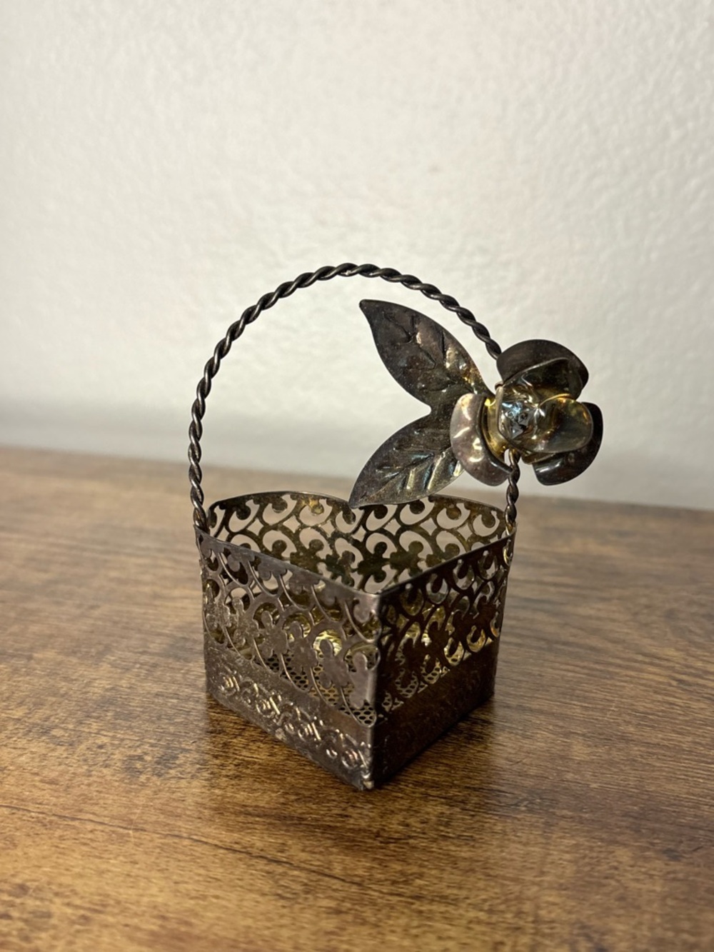 Decorative Filigree Heart Basket with Flower Accent - Antique Brass Tone
